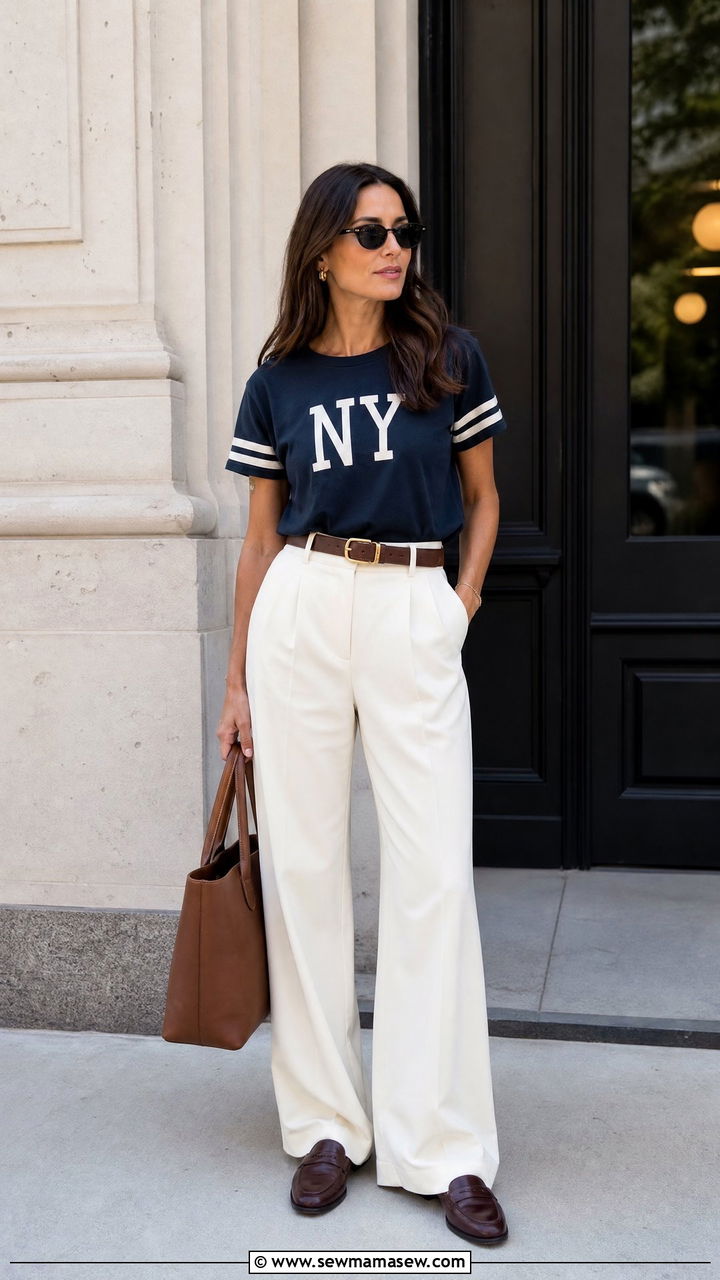 Vintage sports tee with wide leg trousers and loafers - 25 Vintage t-shirt outfit ideas