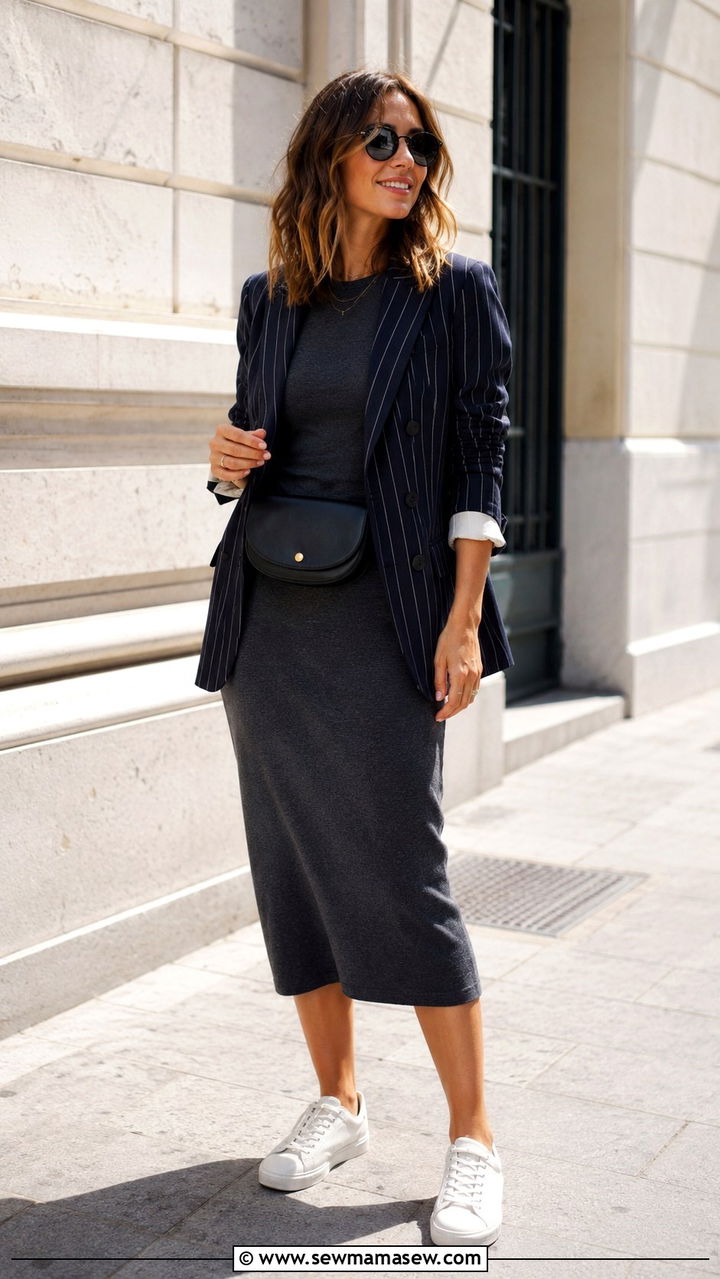 Vintage striped blazer with solid midi dress outfit - 30 Vintage blazer outfit ideas