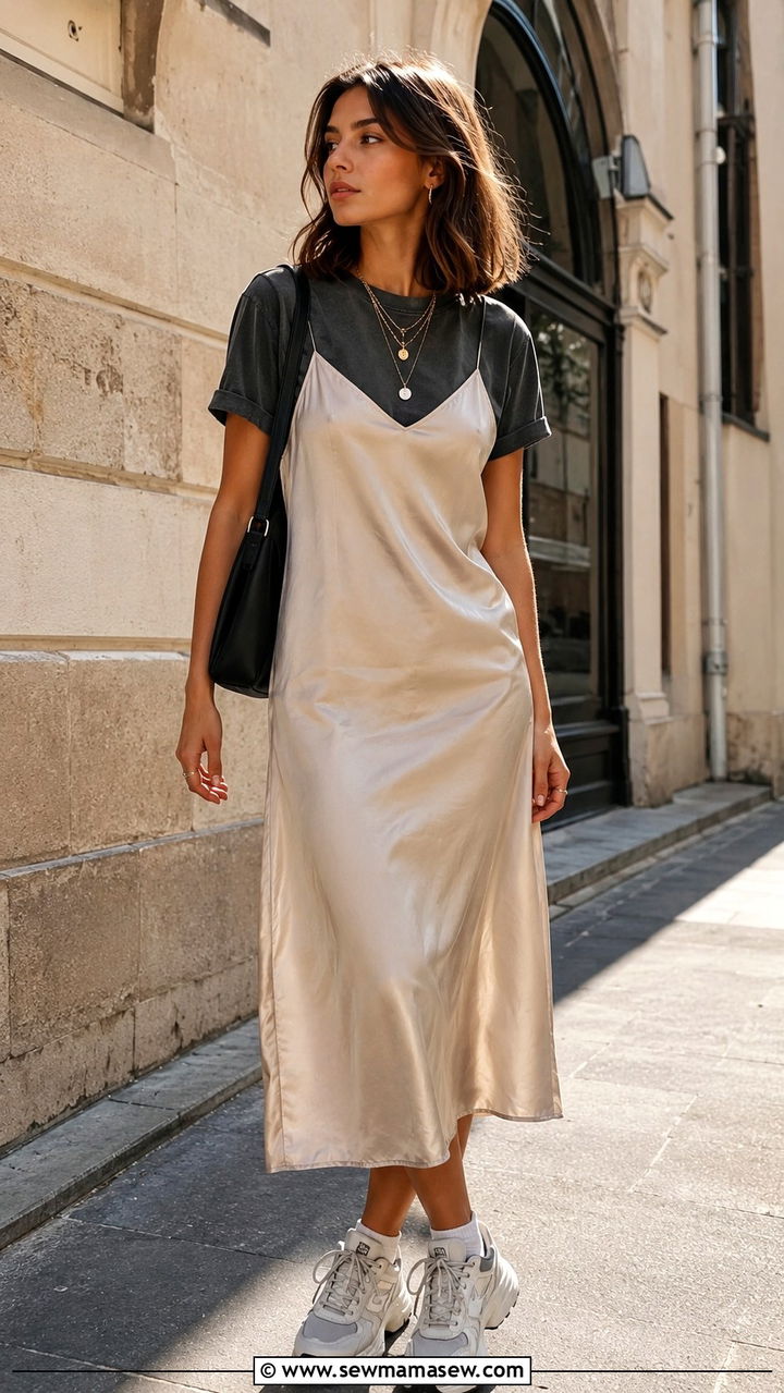 Vintage t shirt under a slip dress with layered necklaces - 25 Vintage t-shirt outfit ideas