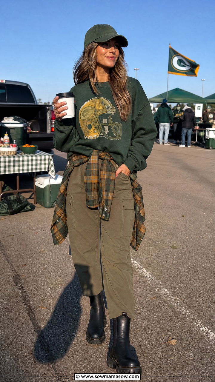 Vintage team crewneck with flannel shirt - 25 Football game outfit ideas cold