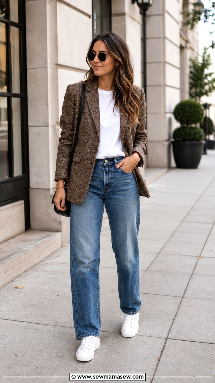 Vintage tweed blazer with straight leg jeans outfit - 30 Vintage blazer outfit ideas
