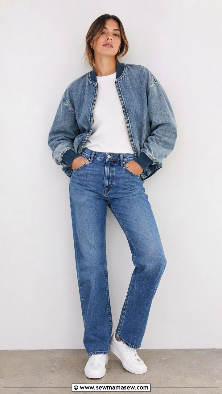 Vintage wash denim bomber jacket with straight leg jeans - 30 Bomber jacket outfit ideas with jeans