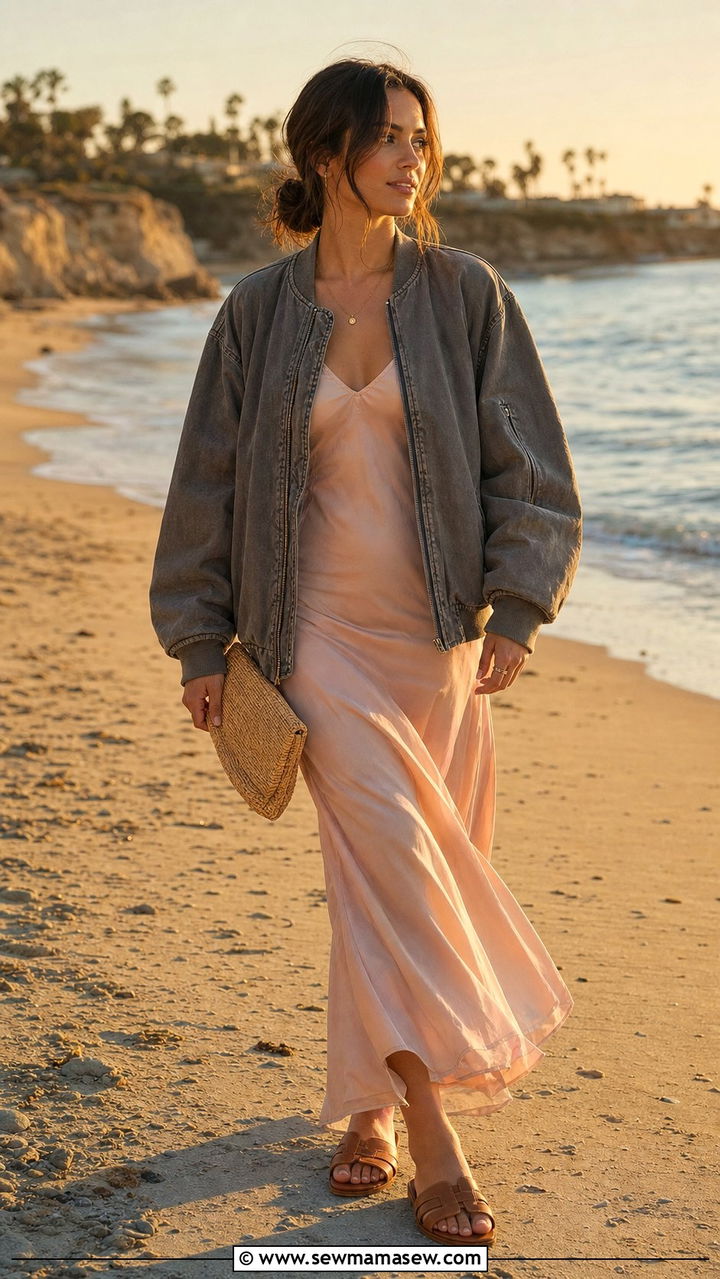 Vintage washed bomber jacket with slip dress and flat sandals - 25 Spring outfits with bomber jackets