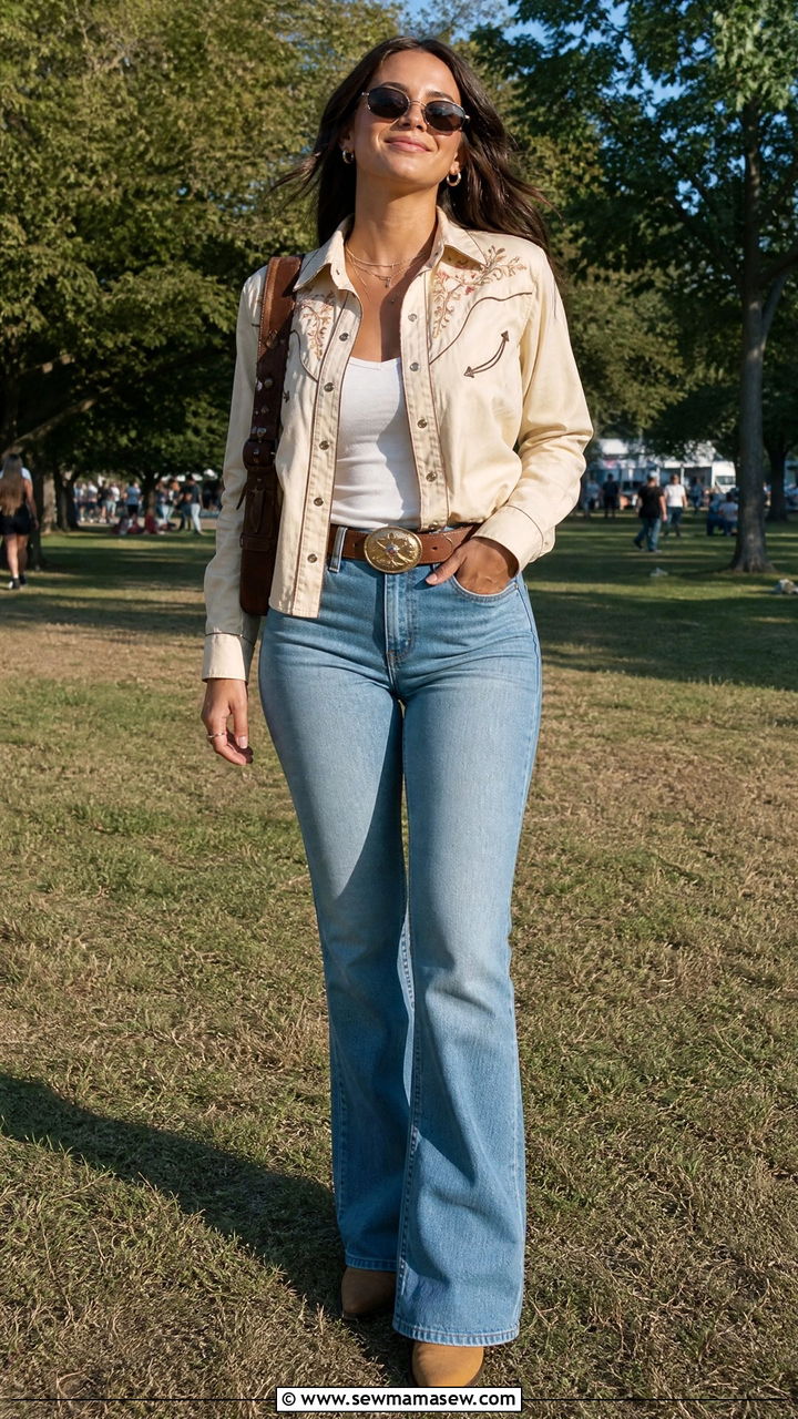 Vintage western shirt with flared jeans - 35 Lollapalooza outfit ideas