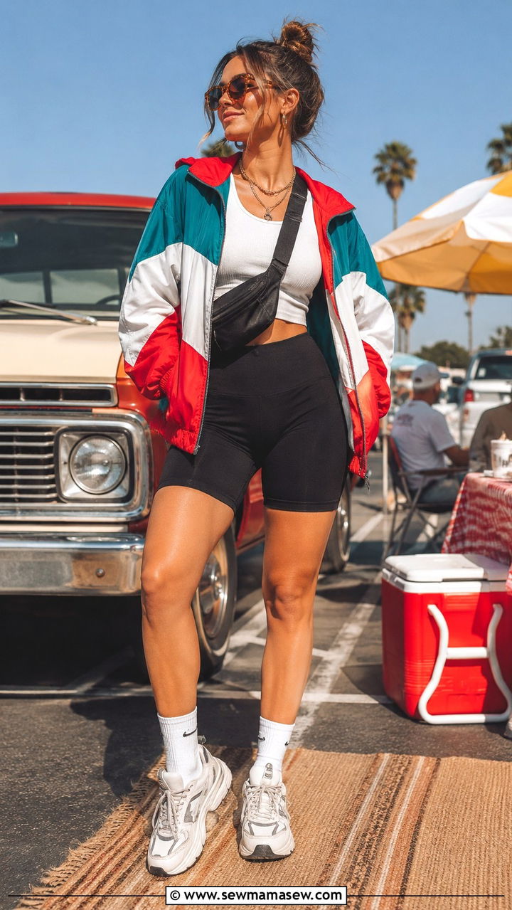 Vintage windbreaker and biker shorts - 30 Tailgate outfit ideas summer