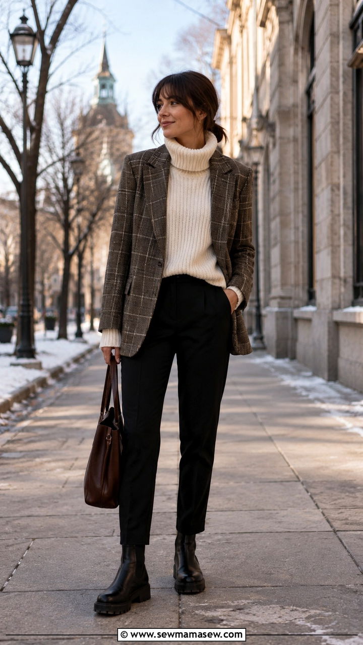 Vintage windowpane check blazer with chunky turtleneck outfit - 30 Vintage blazer outfit ideas
