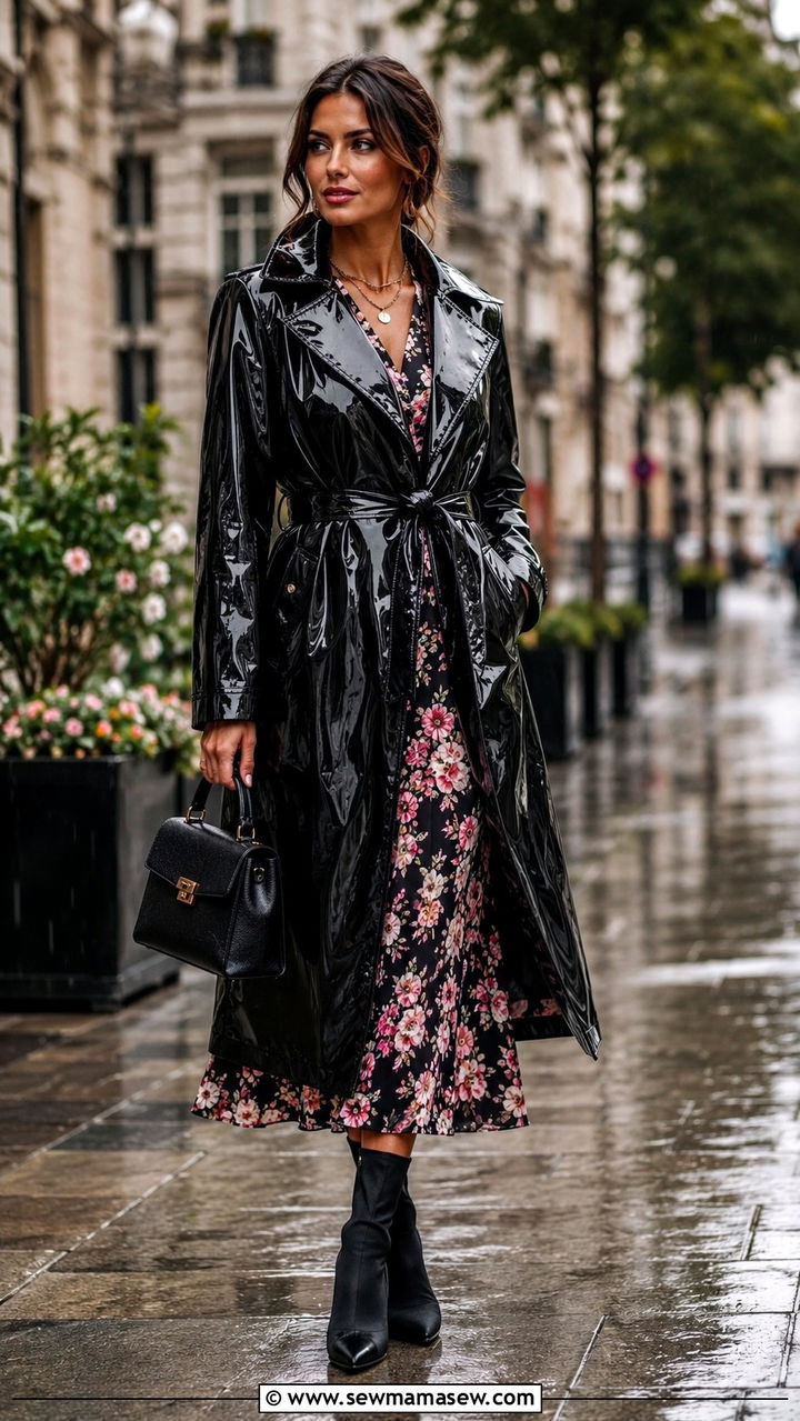 Vinyl Belted Coat Over a Midi Dress with Waterproof Sock Boots - 30 transitional rainy day outfit ideas