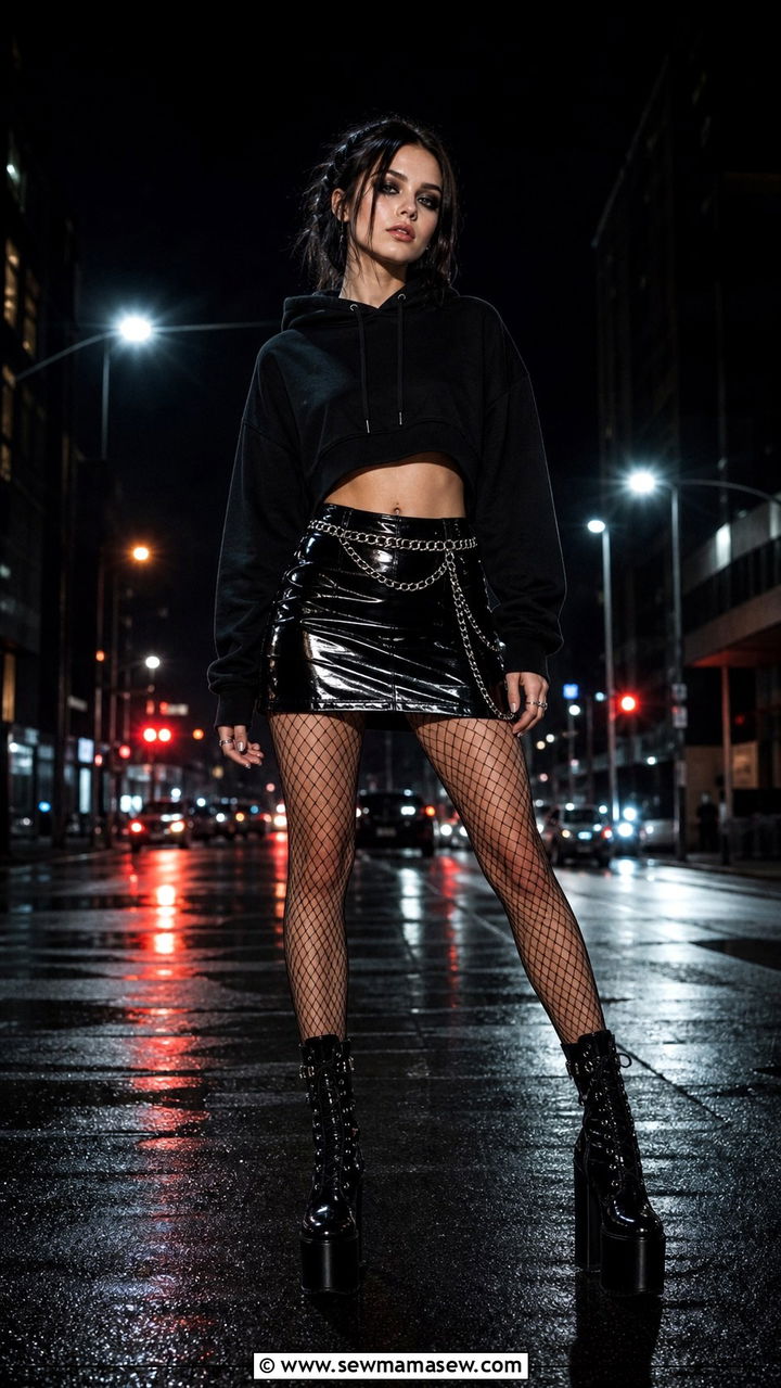 Vinyl Mini Skirt Paired With Cropped Hoodie And Fishnets - 40 grunge outfits