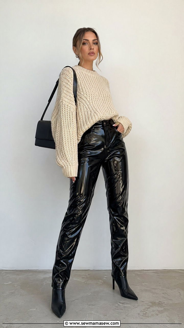 Vinyl Pants and Chunky Sweater Outfit - 35 Edgy outfit ideas