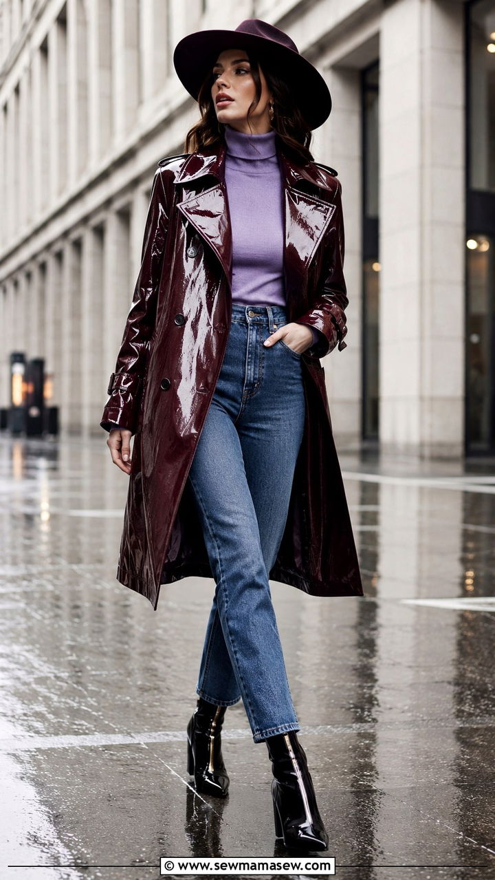 Vinyl Statement Trench Coat with Heeled Boots - 25 rainy day outfits aesthetic