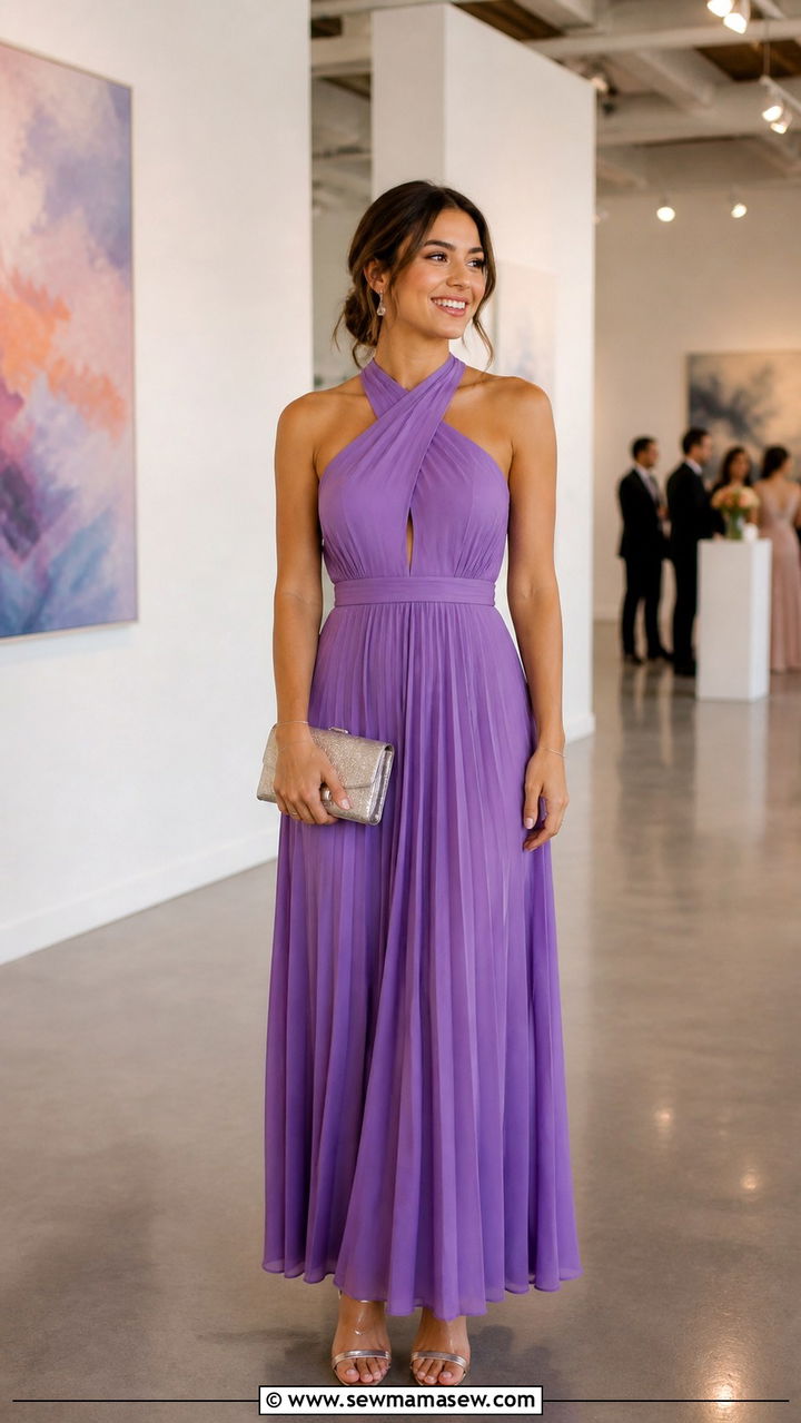 Violet Pleated Maxi Dress With Metallic Sandals - 40 Spring wedding guest outfits