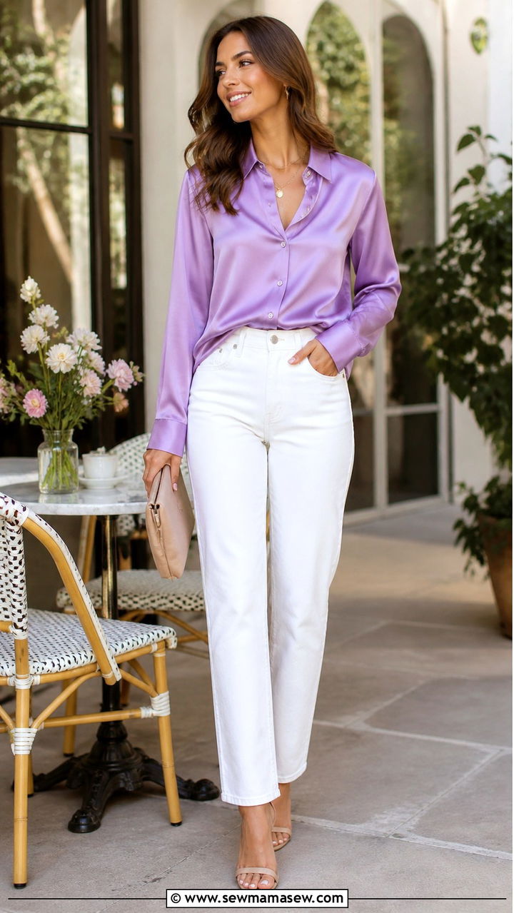 Violet Satin Shirt with White Straight Leg Jeans - 40 Purple outfit ideas