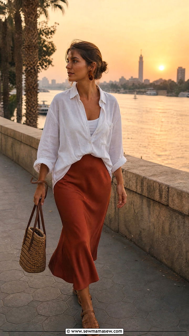 Viscose midi slip skirt with oversized linen shirt outfit - 25 Cairo outfit ideas