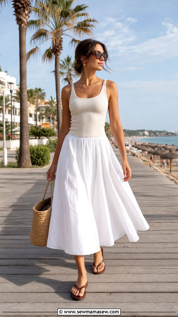 Voluminous Cotton Skirt With Fitted Top And Flip Flops - 25 spring summer 2026 outfits ideas