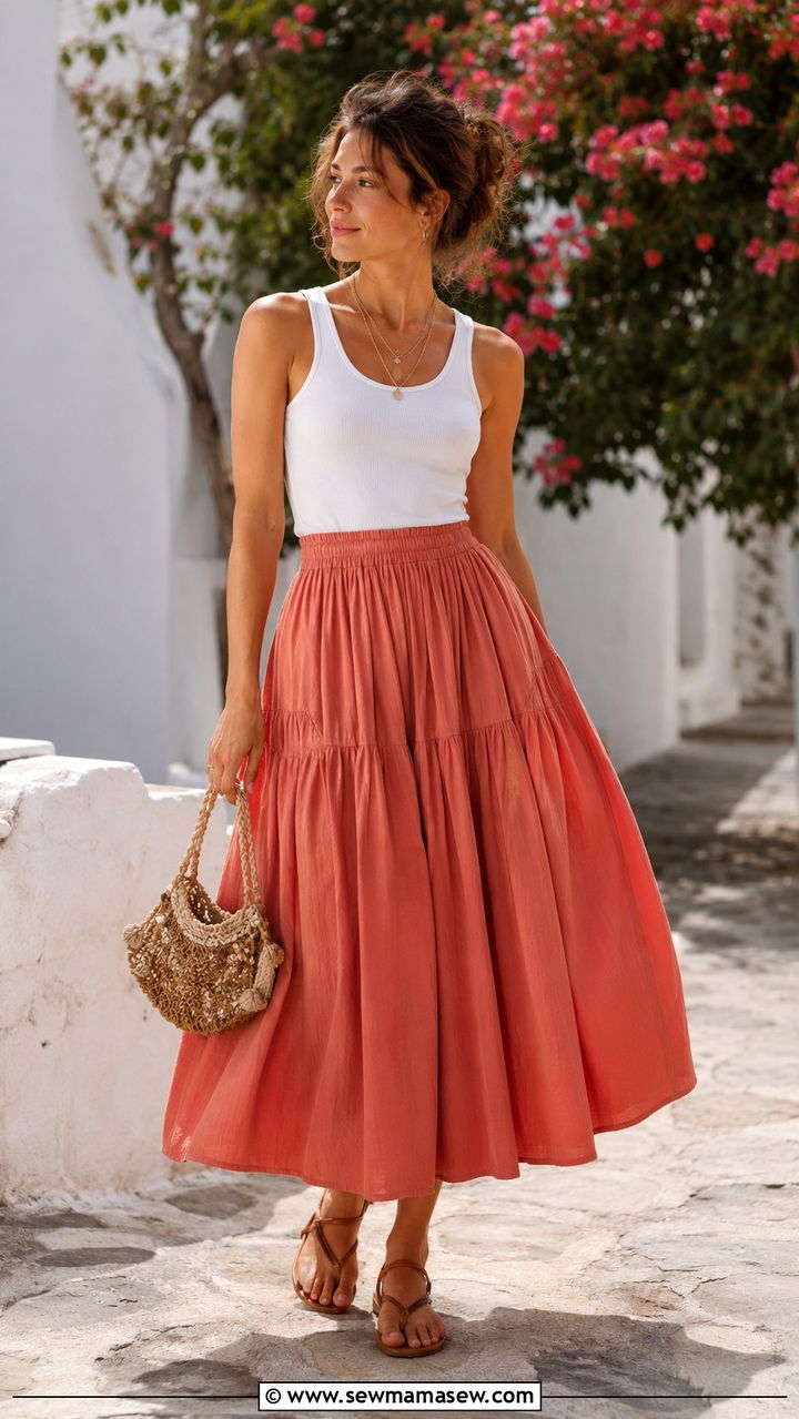 Voluminous Midi Skirt With Fitted Tank And Flat Sandals - 20 summer outfits 2026 women for women