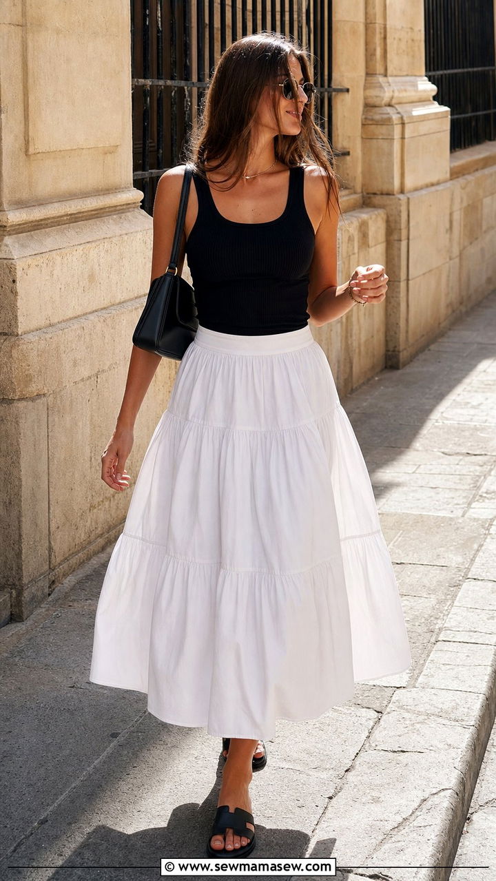 Voluminous Midi Skirt and Fitted Tank Summer Outfit - 25 Summer 2026 outfit trends