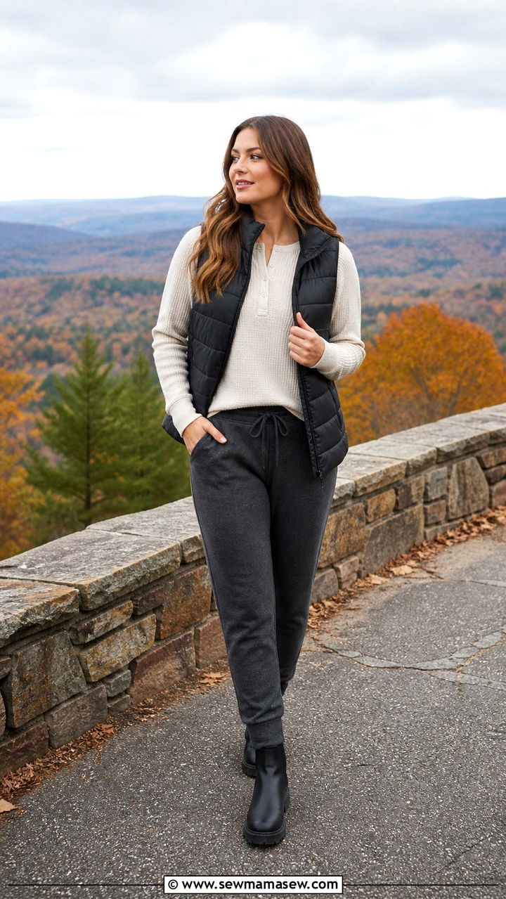 Waffle Knit Henley With Joggers And Puffer Vest - 40 Road trip outfit ideas