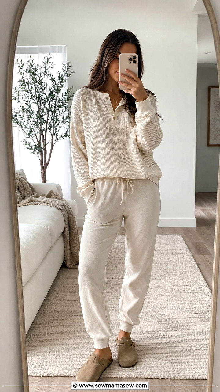 Waffle Knit Henley and Relaxed Joggers - 30 Loungewear outfit ideas spring