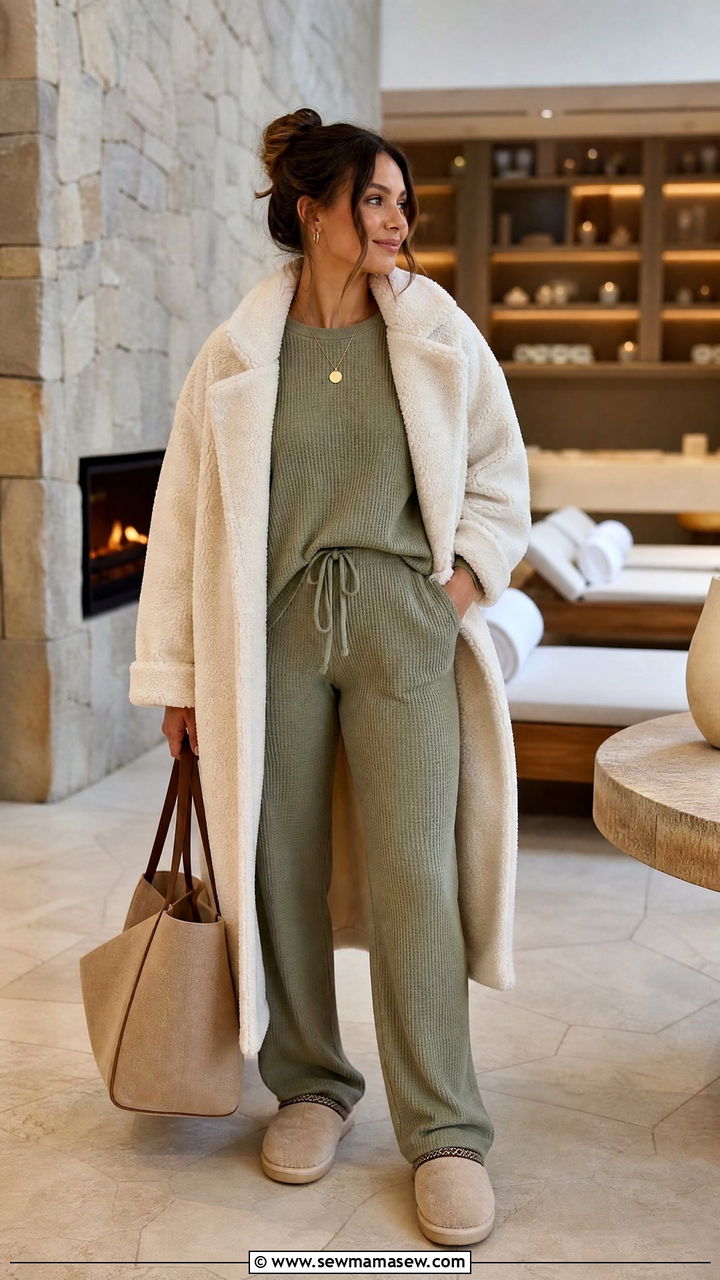 Waffle Knit Lounge Set With an Oversized Teddy Coat - 30 Cozy spa day outfit ideas