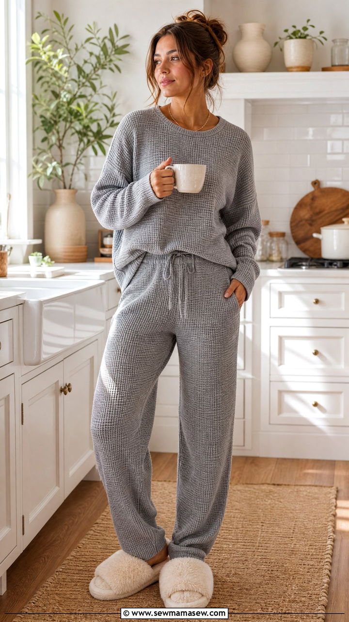 Waffle Knit Lounge Set with Fuzzy Slippers - 30 Fuzzy slippers outfit ideas