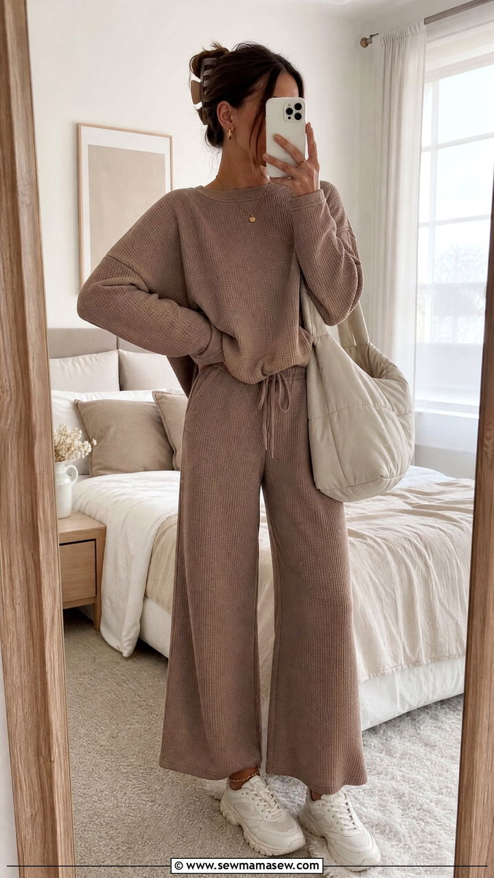 Waffle Knit Lounge Set with Wide Leg Pants - 30 Clean girl loungewear outfit ideas