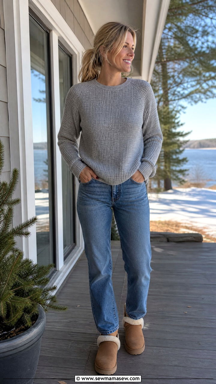 Waffle Knit Thermal Jeans Shearling Boots Lake Outfit - 35 Lake house outfit ideas