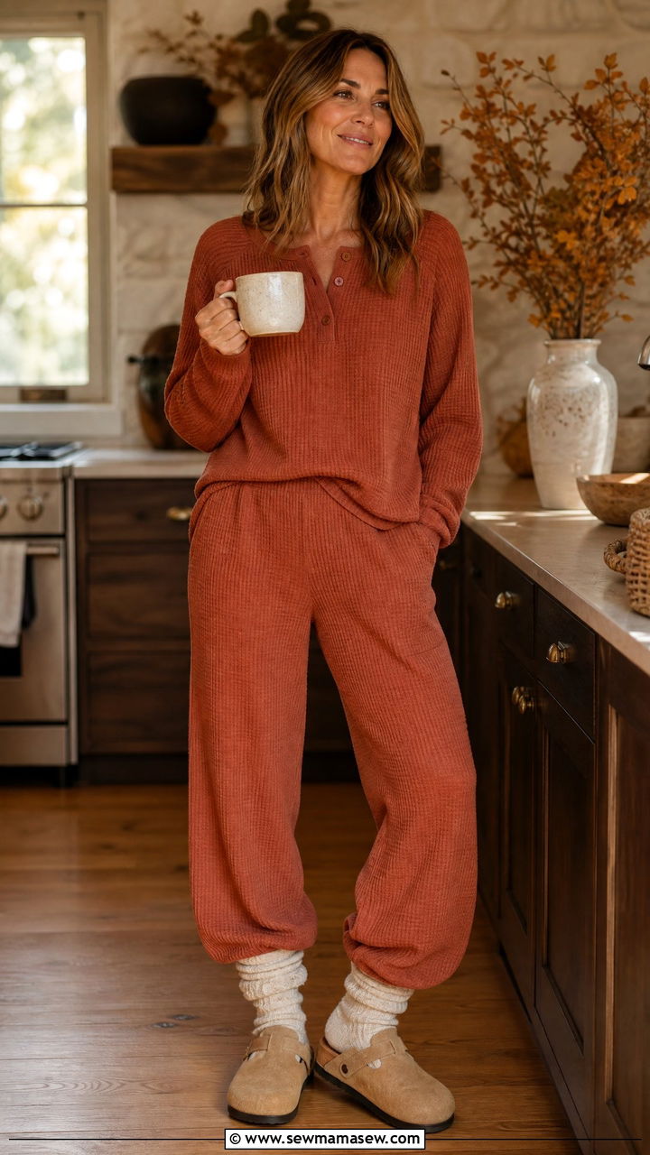 Waffle Knit Thermal Set Outfit - 35 Loungewear outfit ideas for women over 40