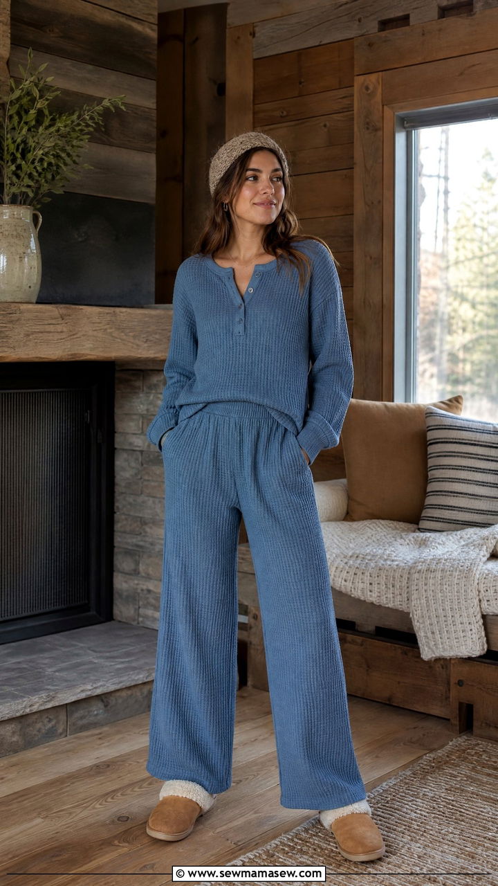 Waffle Knit Top And Wide Leg Pants - 25 Loungewear matching set outfit ideas