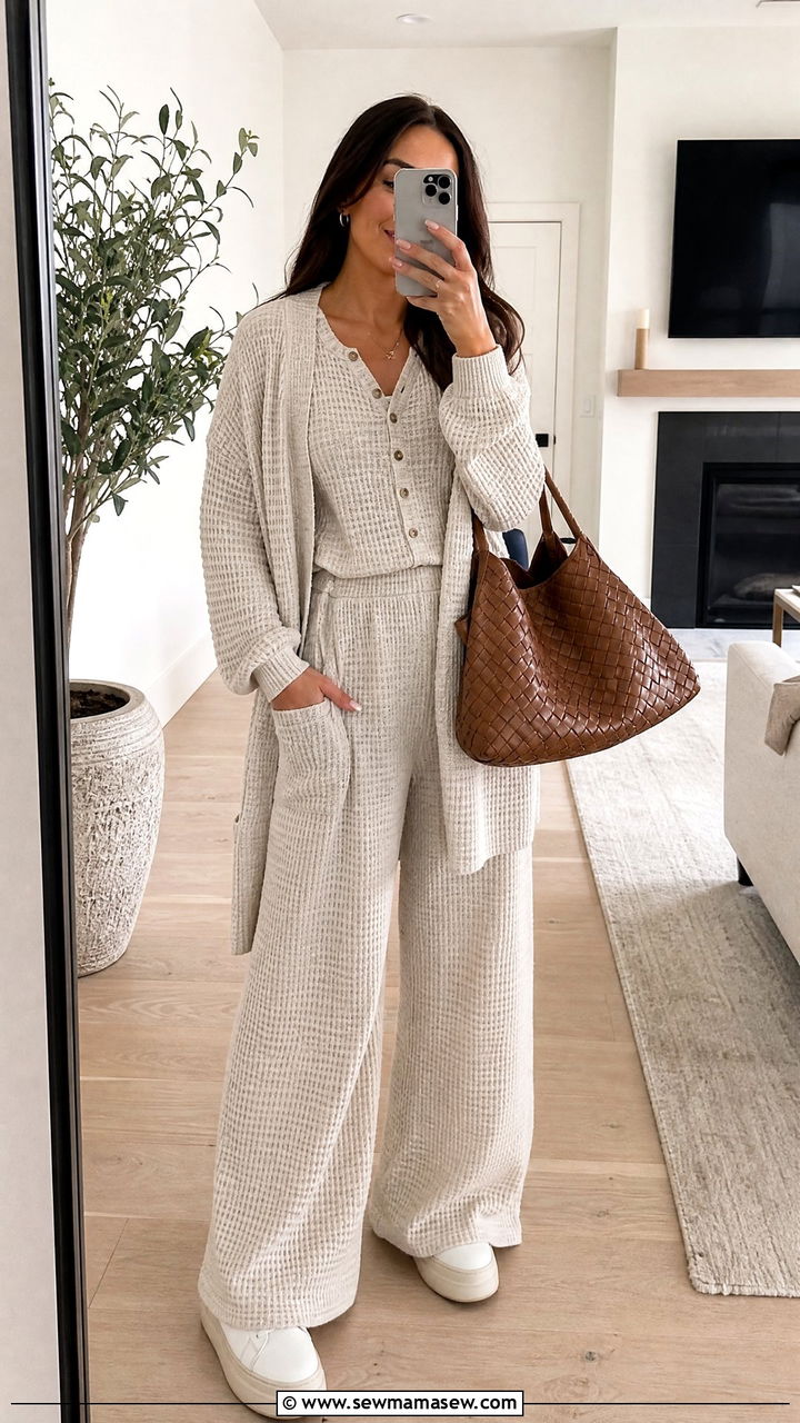 Waffle knit button front lounge set with wide leg pants - 25 Loungewear 3 piece set outfit ideas