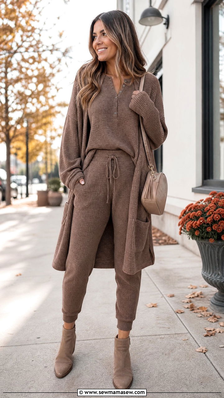 Waffle knit henley lounge set with ankle boots - 25 Loungewear 3 piece set outfit ideas