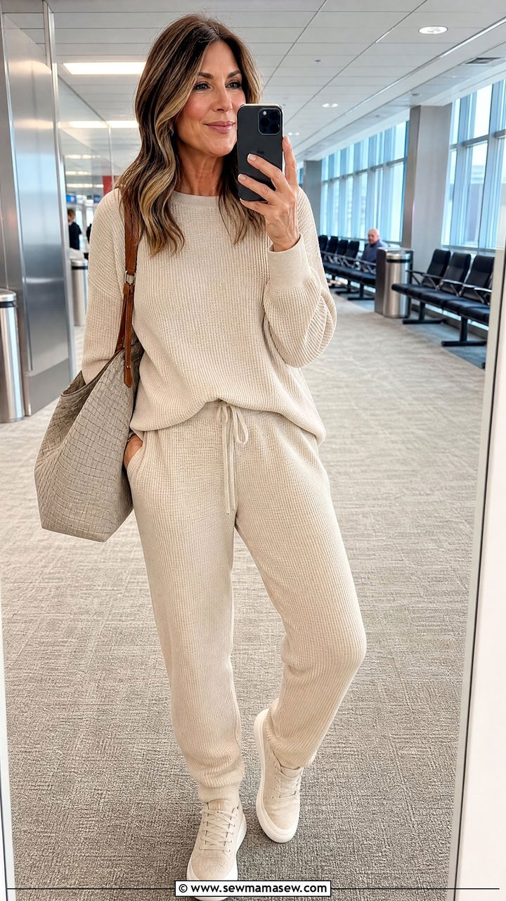 Waffle knit lounge matching set outfit - 30 matching set outfits for women over 40