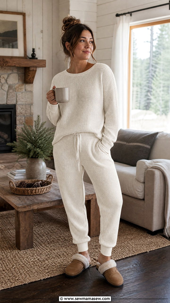 Waffle knit set with shearling clogs - 25 Knit matching set outfit ideas