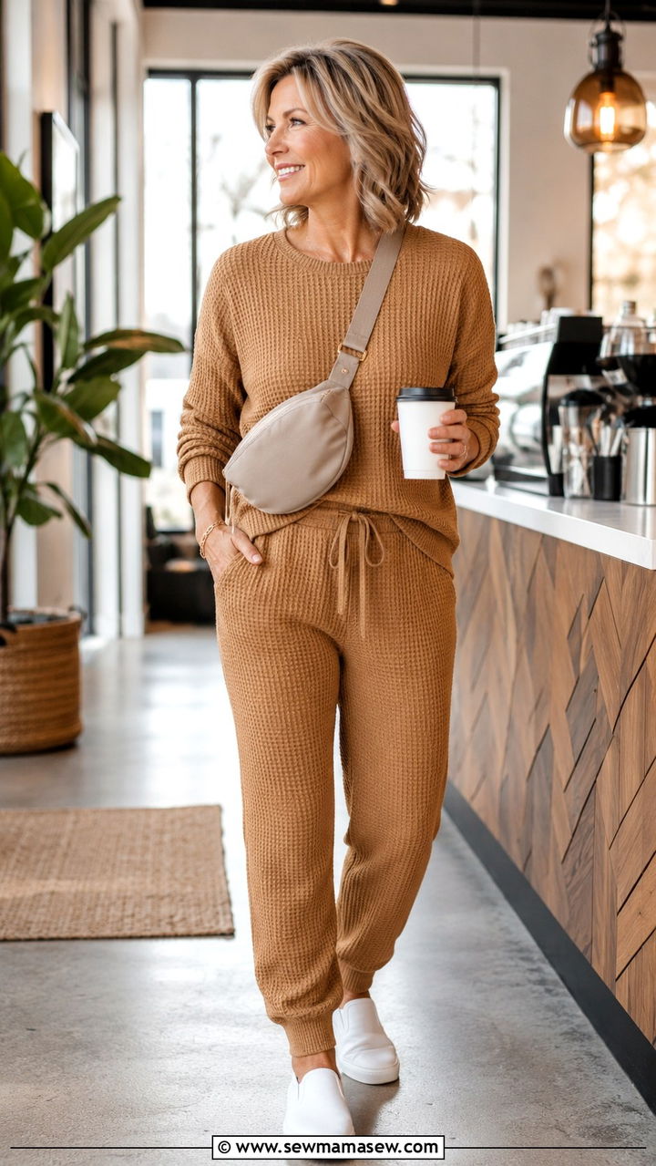 Waffle knit set with slip on sneakers over 50 - 30 Outfit ideas for women over 50 athleisure