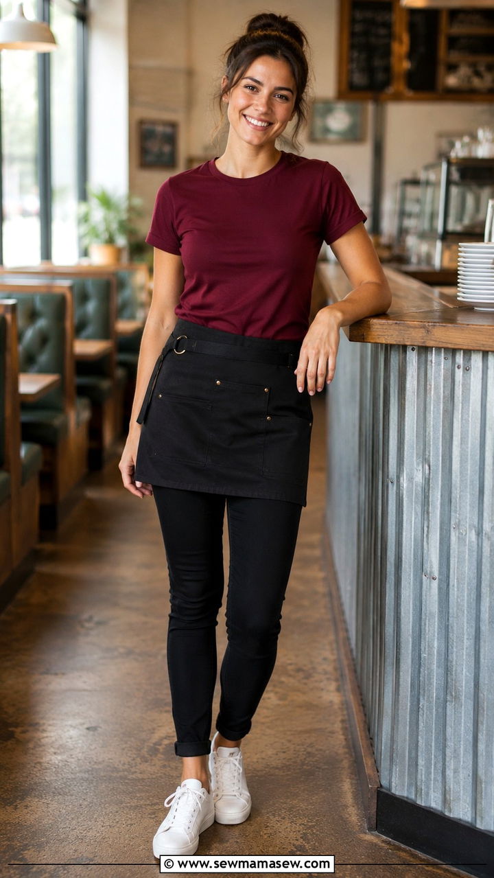 Waist Apron Over A Fitted T Shirt And Skinny Jeans - 25 Restaurant server outfit ideas