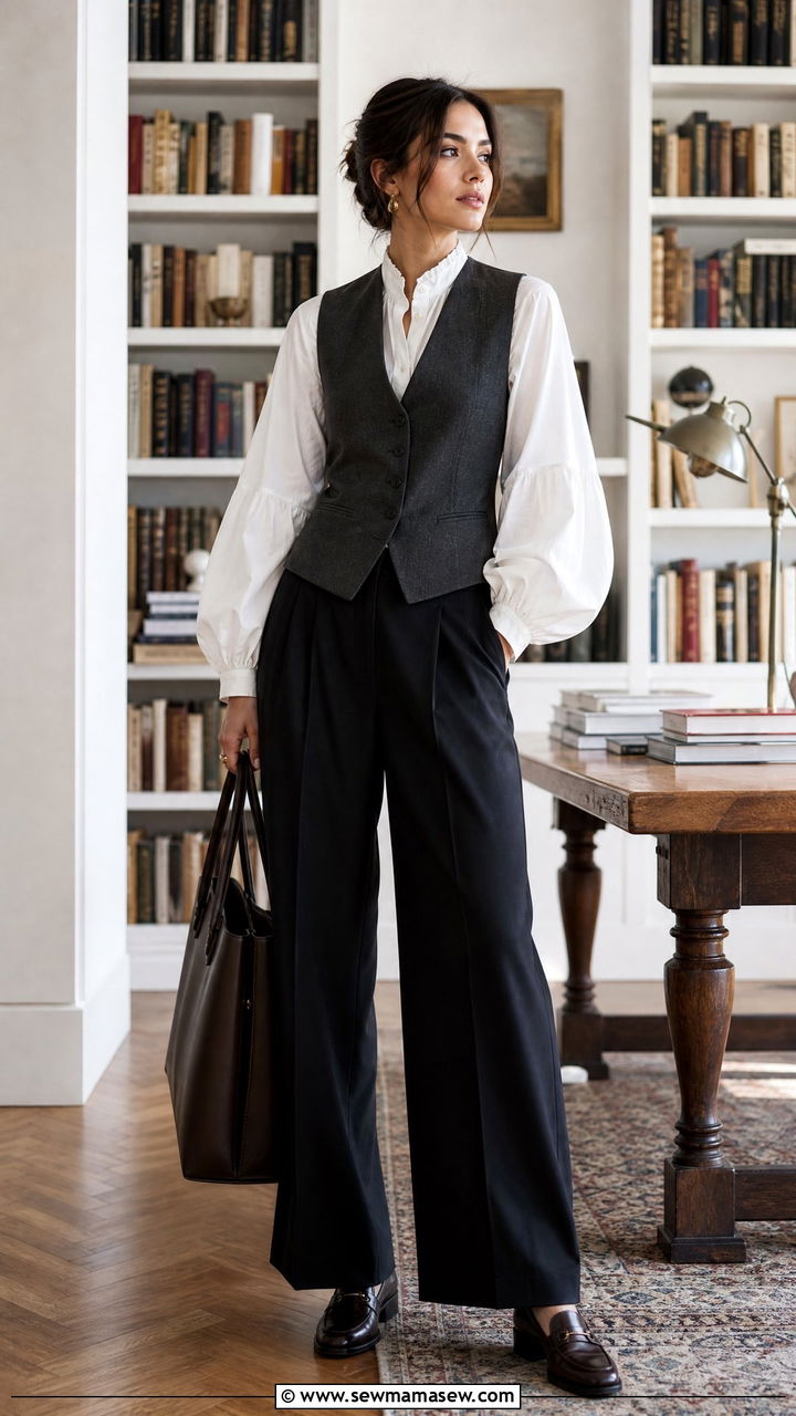 Waistcoat Over Poet Shirt And Wide Leg Trousers Outfit - 20 cute poetcore outfits