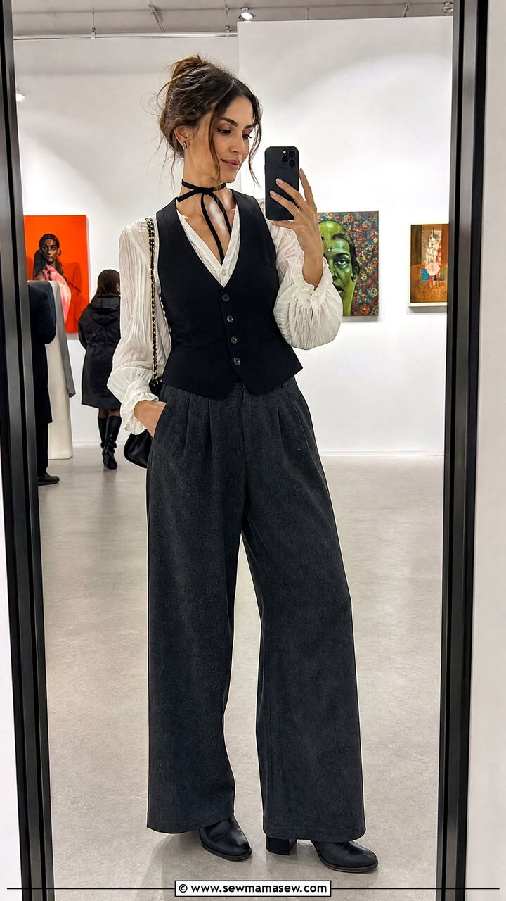 Waistcoat Vest With Poet Shirt And Wide Leg Trousers - 25 poetcore outfits inspo