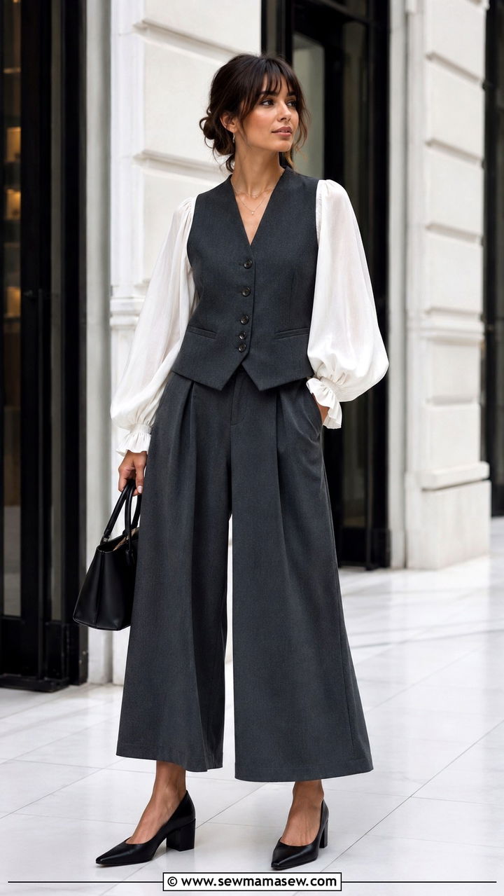 Waistcoat With Poet Sleeve Blouse and Wide Leg Culottes - 20 Poetcore outfit ideas Dead Poets Society vibe