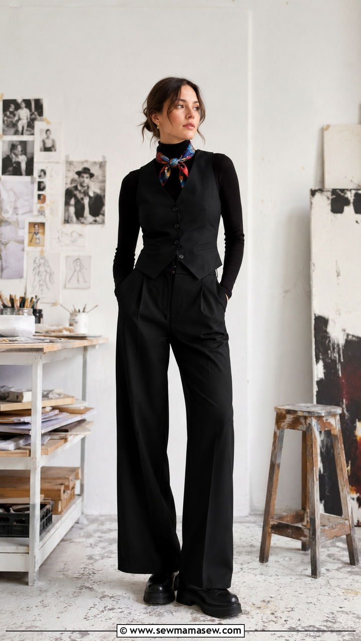 Waistcoat and All Black Academic Outfit - 25 Researcher outfit ideas