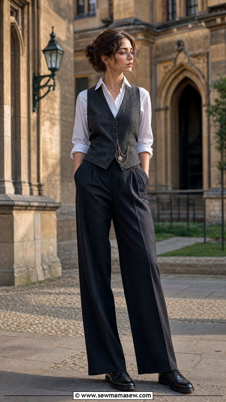 Waistcoat and Wide Leg Trousers - 25 spring dark academia outfits