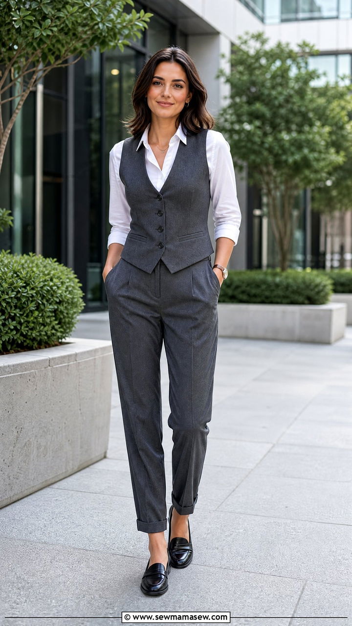 Waistcoat over a crisp white button down and trousers - 30 chic waistcoat vest outfit ideas