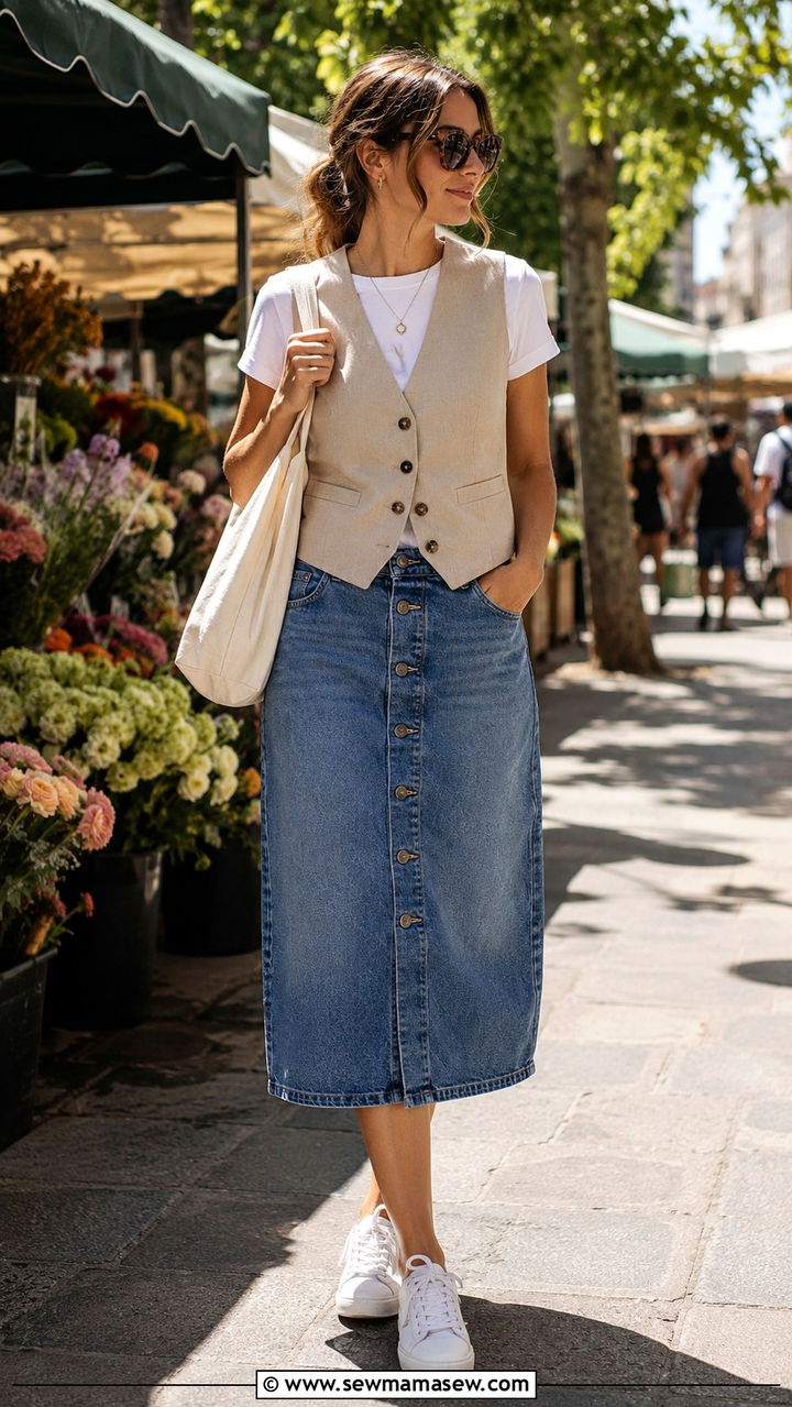 Waistcoat vest with denim midi skirt - 30 how to style waistcoat vest