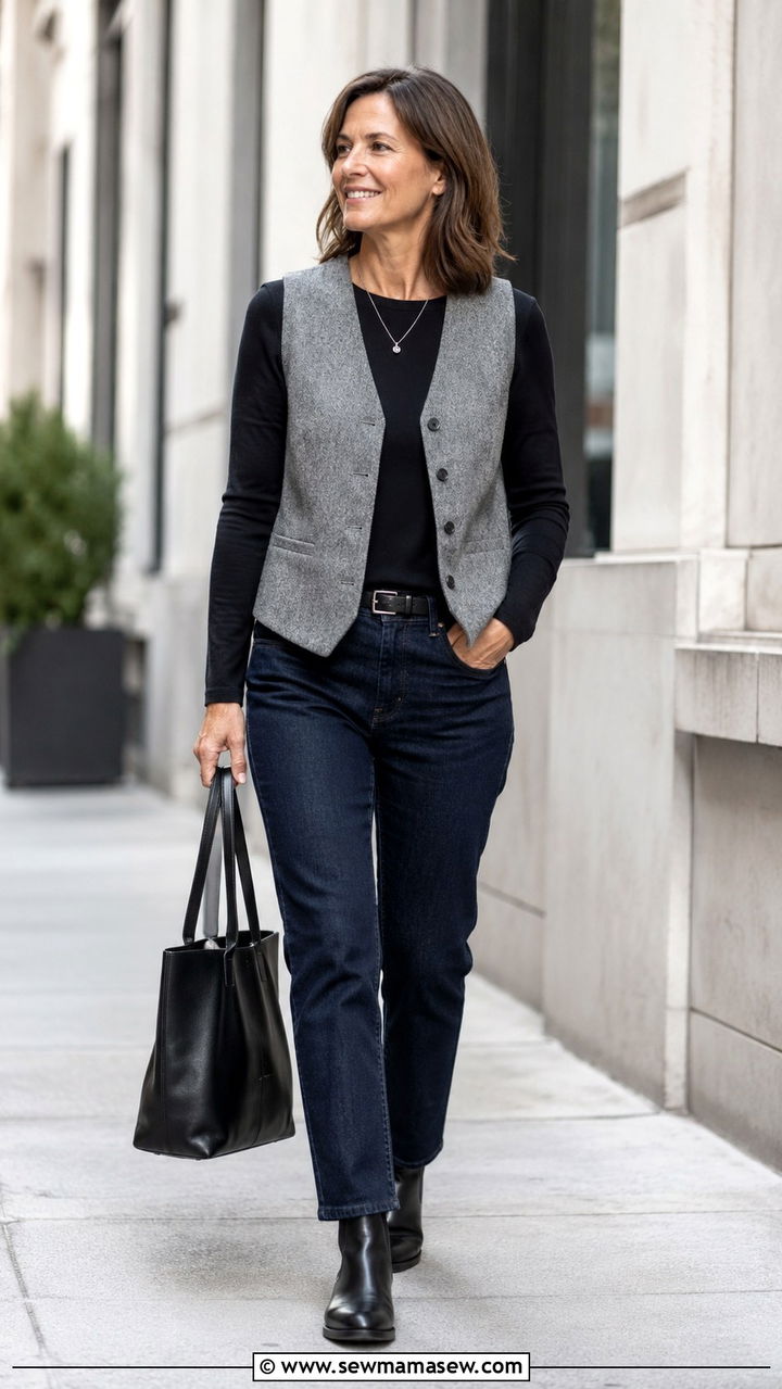 Waistcoat with A Line Midi Skirt - 30 waistcoat vest outfits for women over 40