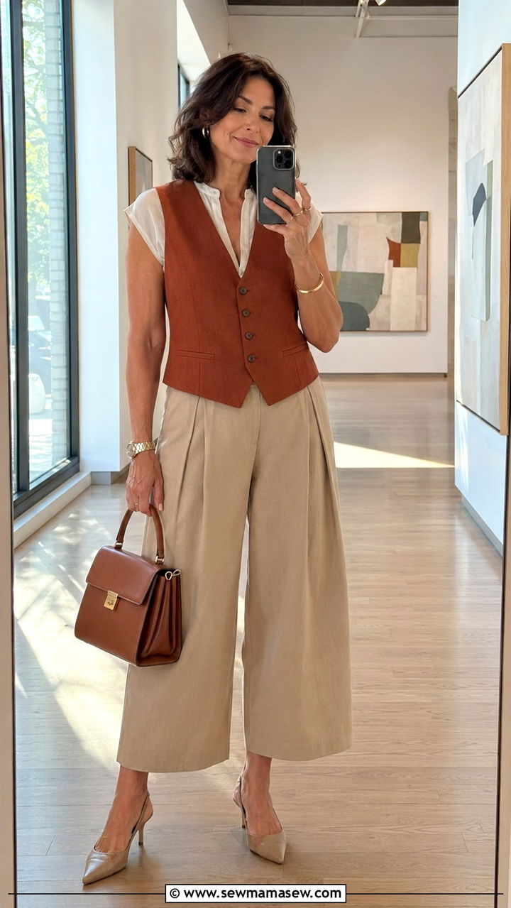 Waistcoat with a Wrap Style Dress - 30 waistcoat vest outfits for women over 40