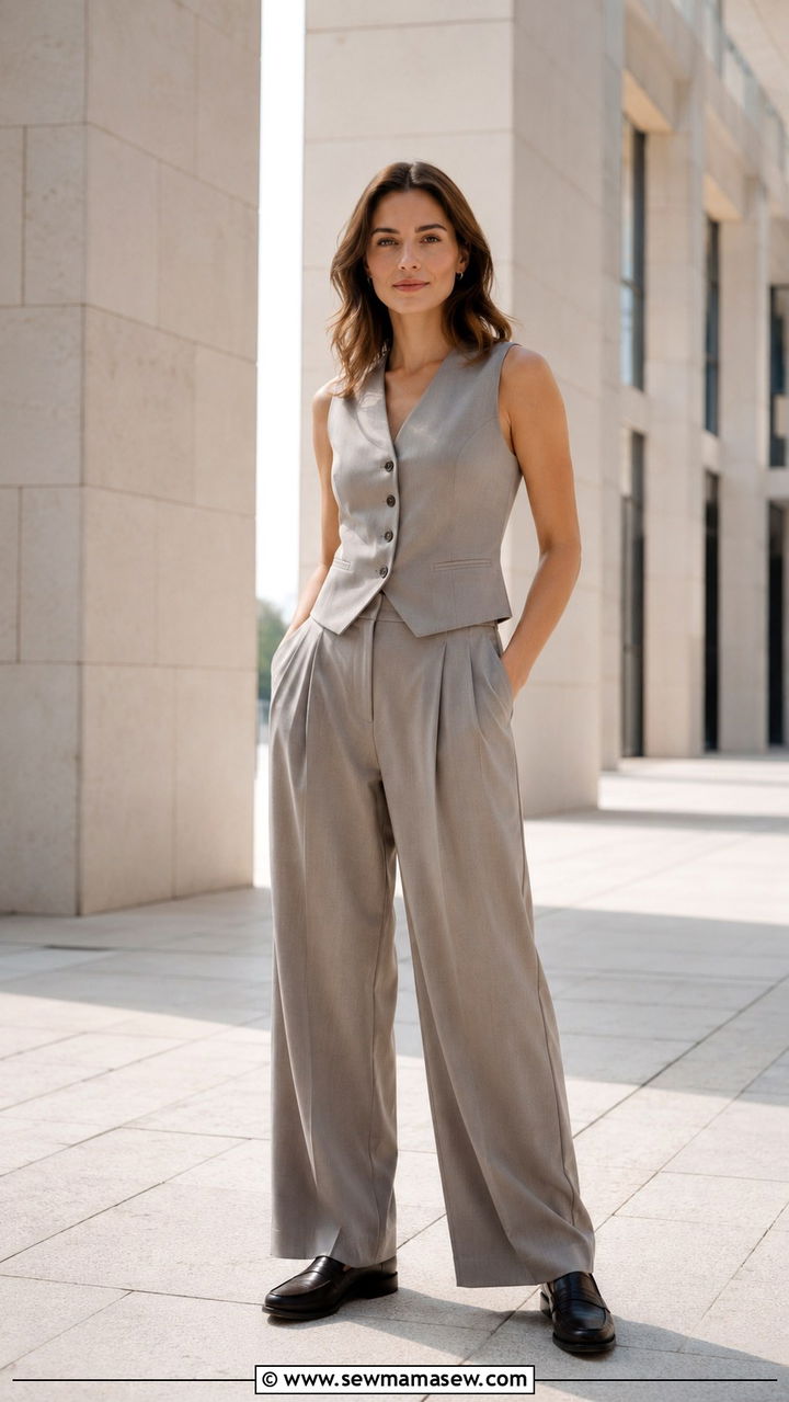 Waistcoat with pleated trousers and loafers - 30 chic waistcoat vest outfit ideas