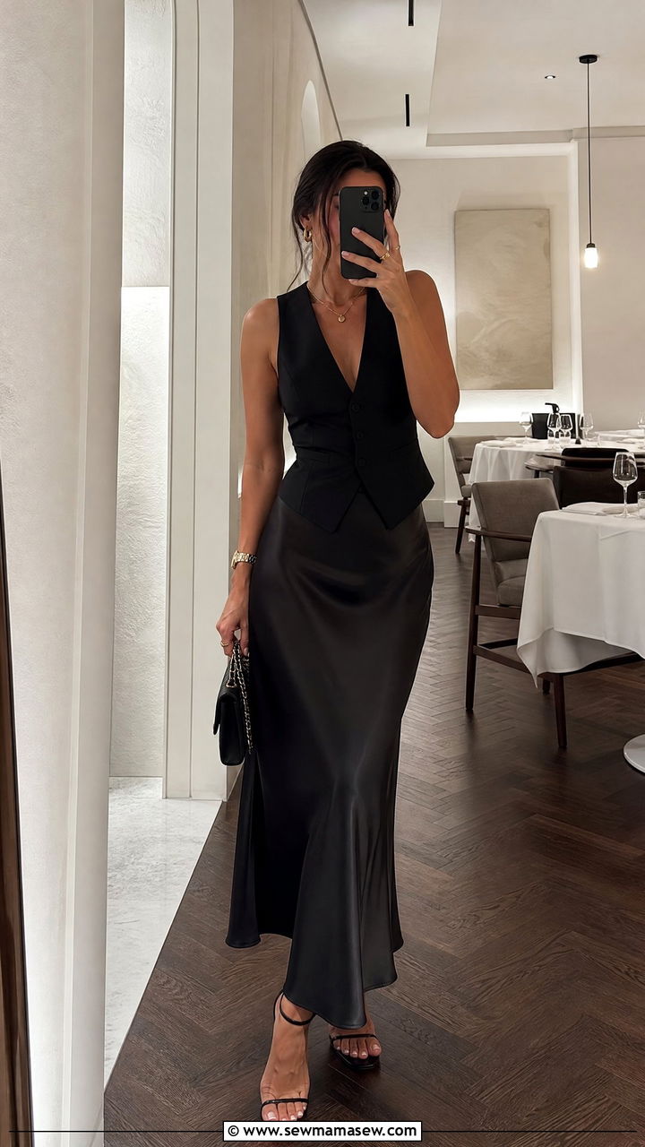 Waistcoat with satin slip skirt and strappy heels - 30 chic waistcoat vest outfit ideas
