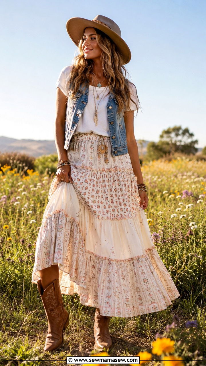 Waistcoat with tiered maxi skirt and cowboy boots - 30 chic waistcoat vest outfit ideas