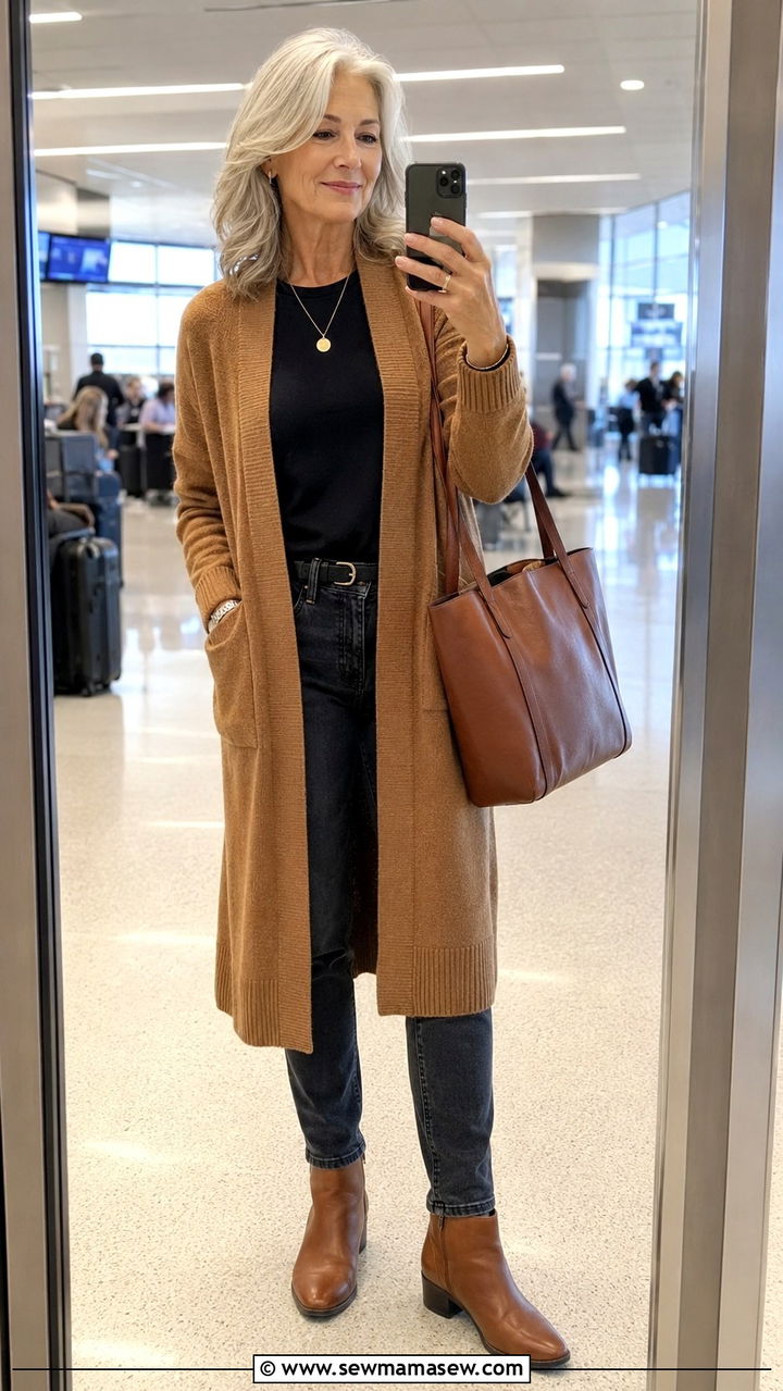 Warm Cardigan With Black Denim Travel Look - 30 Travel outfits for women over 60