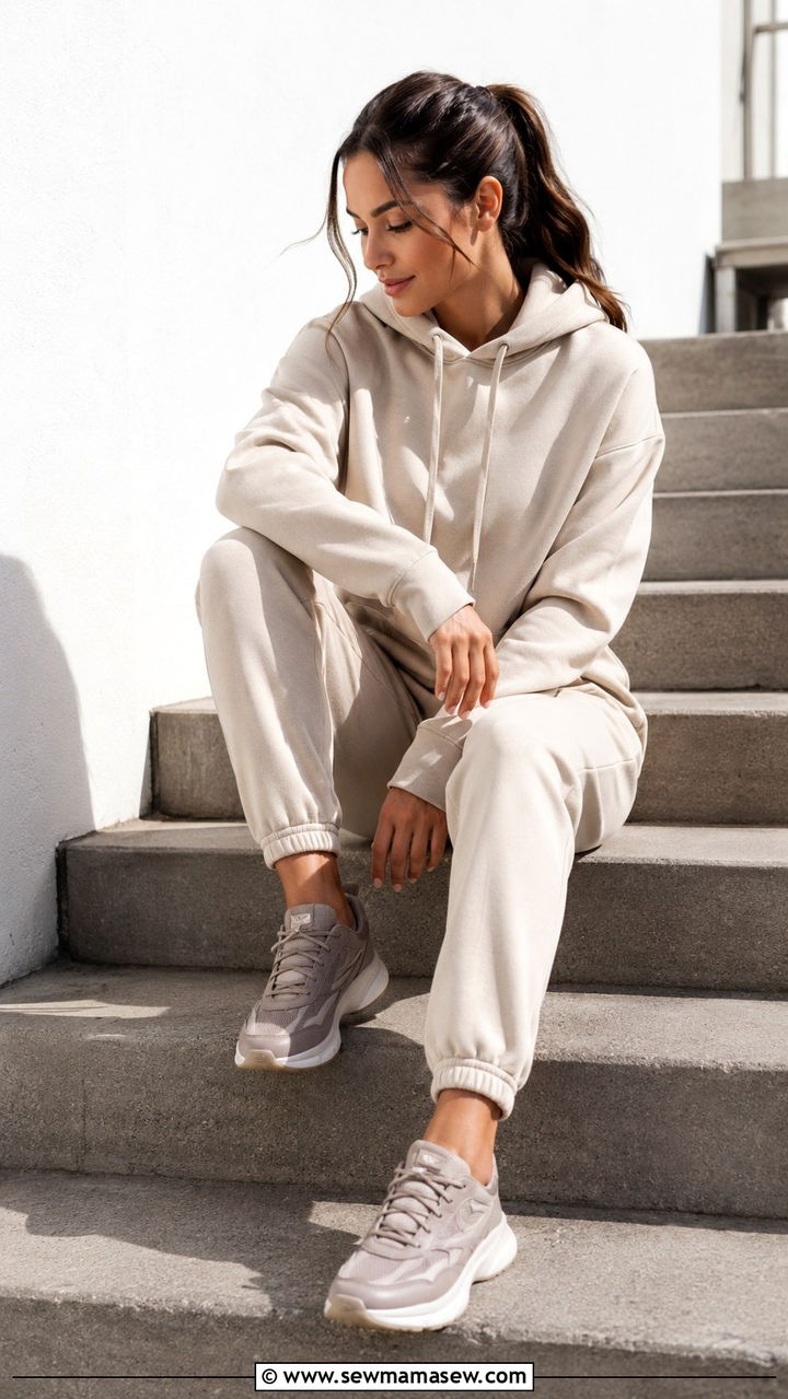 Warm Neutral Joggers With A Soft Beige Hoodie - 30 spring athleisure outfits