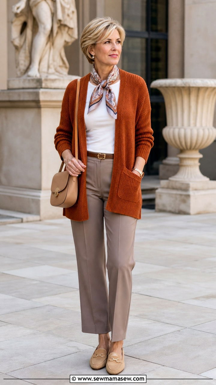 Warm Rust Cardigan Over White Top and Taupe Trousers - 40 Spring outfit ideas for women over 50 2026