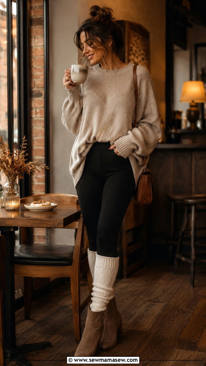 Warm beige slouchy sweater and legging pants - 30 Loungewear outfit ideas 2026